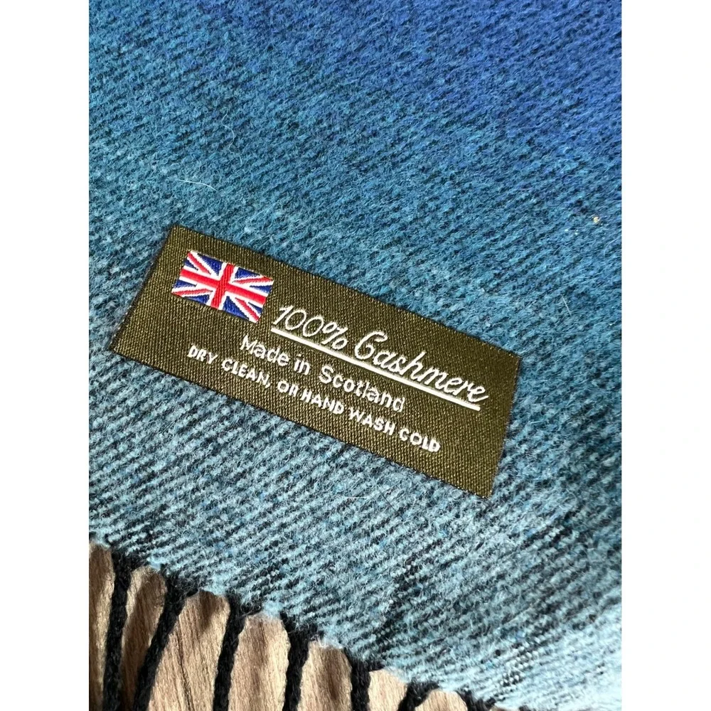 100% Cashmere Scarf Made in Scotland Blue Ombre Gradient Fringed Winter Wrap